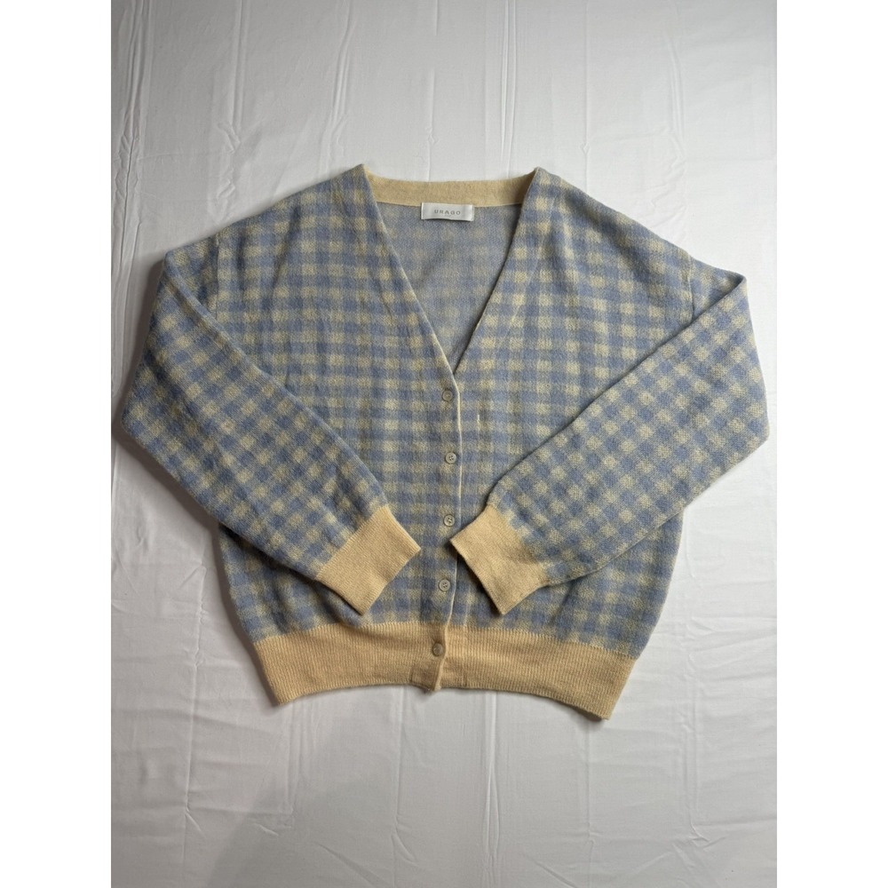 URAGO Korean Blue Cream Gingham Mohair Wool Blend Cardigan Cottage Coquette XS/S